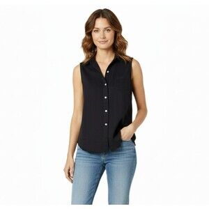 Frank & Eileen Fiona Sleeveless Distressed Black Denim Button Up Shirt XXS
